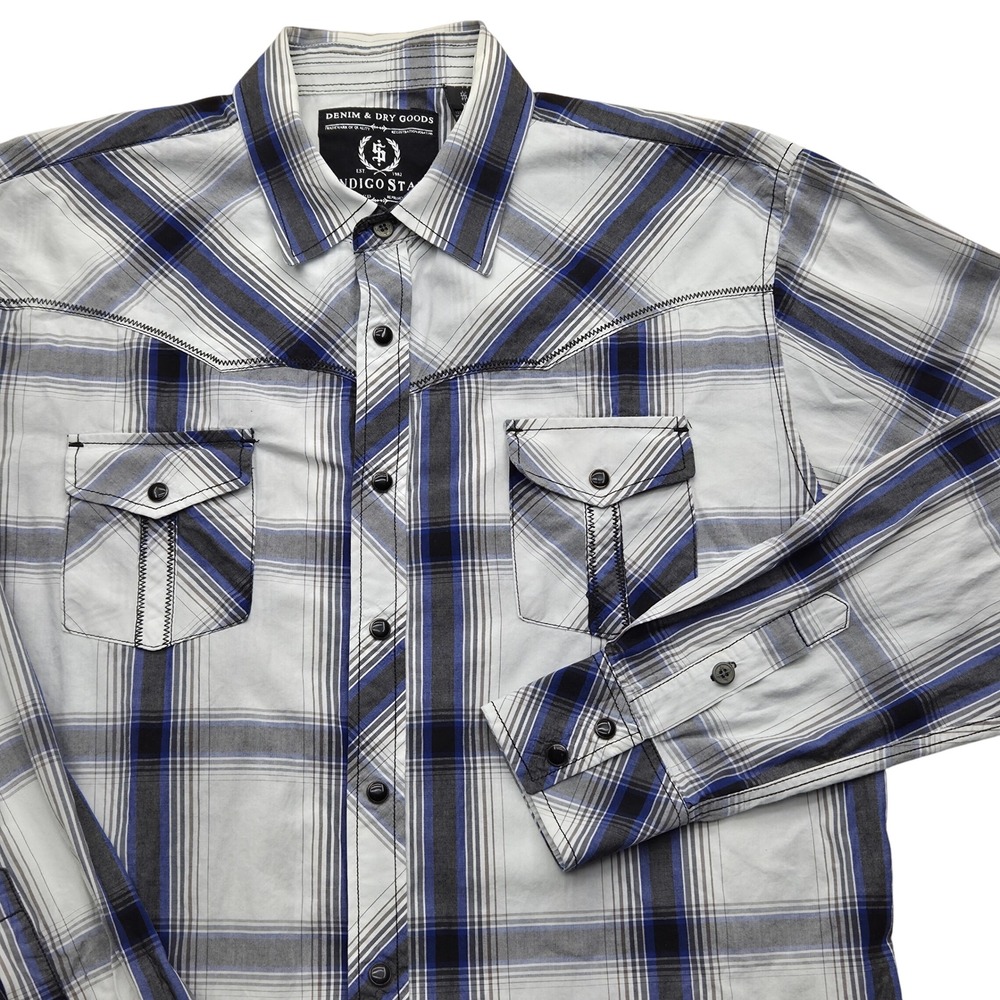 Indigo Star Mens XL Plaid Long Sleeve Snap Front Denim & Dry Goods Western Shirt